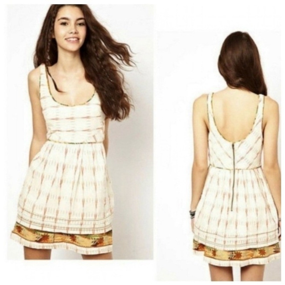 Free People New Romantics Ikat Print Mini Dress Cream Orange Boho Sleeveless